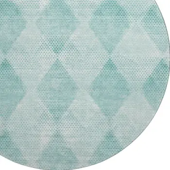 8' Teal And Ivory Geometric Washable Round Rug With UV Protection