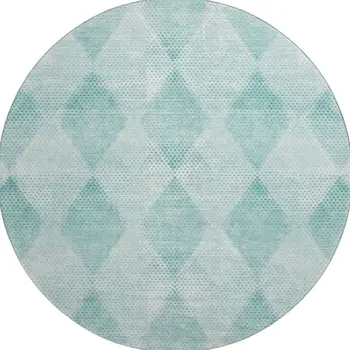 8' Teal And Ivory Geometric Washable Round Rug With UV Protection