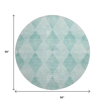 8' Teal And Ivory Geometric Washable Round Rug With UV Protection