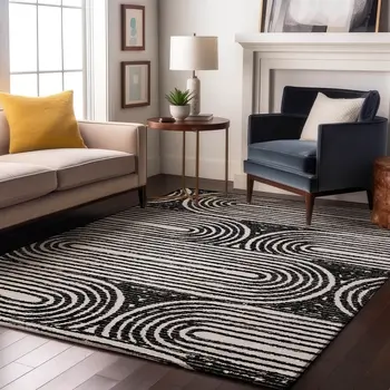 5' X 8' Black And Ivory Geometric Washable Area Rug With UV Protection