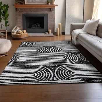 5' X 8' Black And Ivory Geometric Washable Area Rug With UV Protection