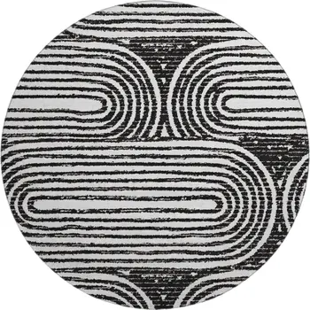 8' Black And Ivory Geometric Washable Round Rug With UV Protection