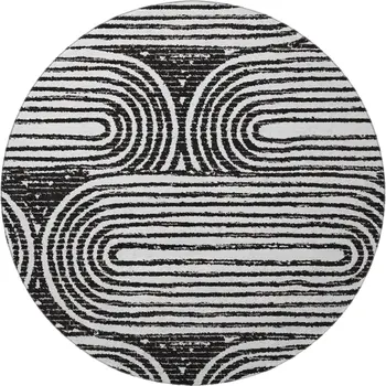 8' Black And Ivory Geometric Washable Round Rug With UV Protection