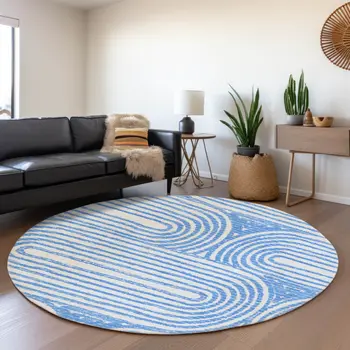 8' Blue And Ivory Geometric Washable Round Rug With UV Protection
