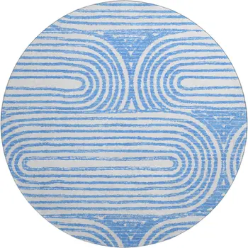 8' Blue And Ivory Geometric Washable Round Rug With UV Protection