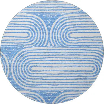 8' Blue And Ivory Geometric Washable Round Rug With UV Protection