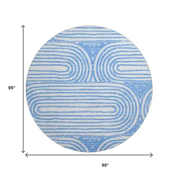 8' Blue And Ivory Geometric Washable Round Rug With UV Protection