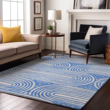 9' X 12' Blue And Ivory Geometric Washable Area Rug With UV Protection