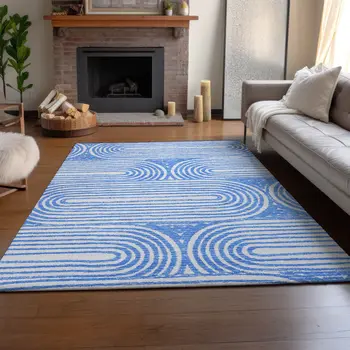 9' X 12' Blue And Ivory Geometric Washable Area Rug With UV Protection
