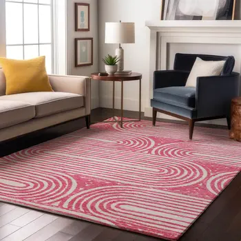 10' X 14' Blush And Ivory Geometric Washable Area Rug With UV Protection