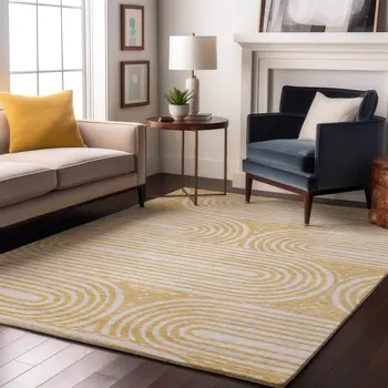 3' X 5' Gold And Ivory Geometric Washable Area Rug With UV Protection