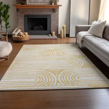 3' X 5' Gold And Ivory Geometric Washable Area Rug With UV Protection