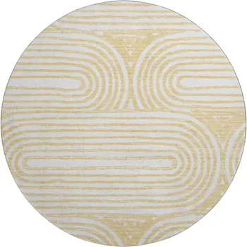 8' Gold And Ivory Geometric Washable Round Rug With UV Protection