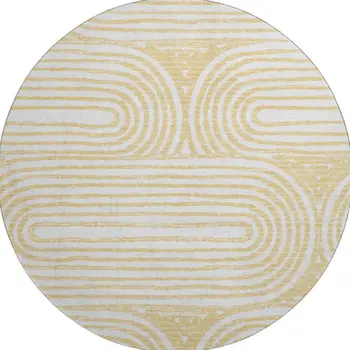 8' Gold And Ivory Geometric Washable Round Rug With UV Protection