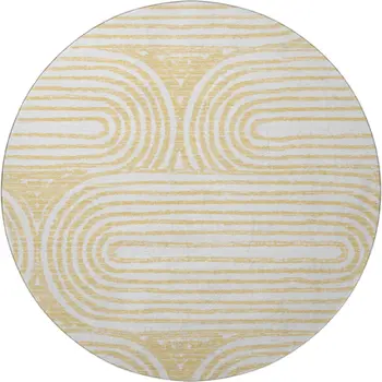 8' Gold And Ivory Geometric Washable Round Rug With UV Protection