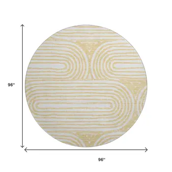 8' Gold And Ivory Geometric Washable Round Rug With UV Protection