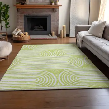 5' X 8' Green And Ivory Geometric Washable Area Rug With UV Protection