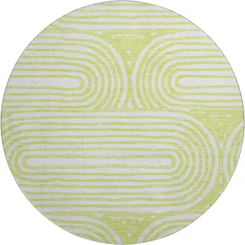 8' Green And Ivory Geometric Washable Round Rug With UV Protection