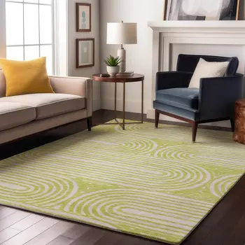 9' X 12' Green And Ivory Geometric Washable Area Rug With UV Protection