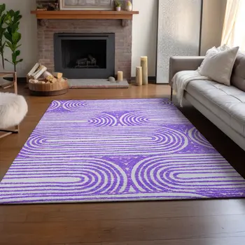 5' X 8' Purple And Ivory Geometric Washable Area Rug With UV Protection