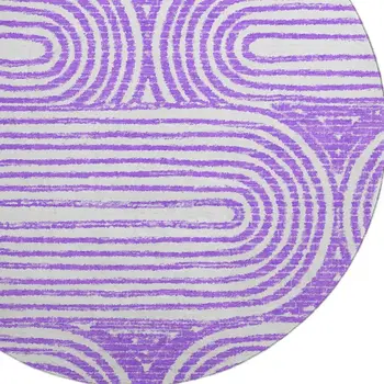 8' Purple And Ivory Geometric Washable Round Rug With UV Protection