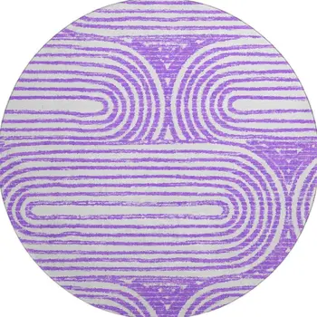 8' Purple And Ivory Geometric Washable Round Rug With UV Protection