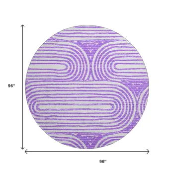 8' Purple And Ivory Geometric Washable Round Rug With UV Protection