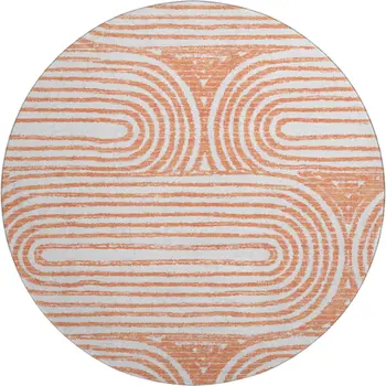 8' Salmon And Ivory Geometric Washable Round Rug With UV Protection