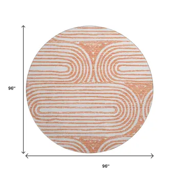 8' Salmon And Ivory Geometric Washable Round Rug With UV Protection