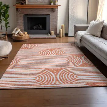 10' X 14' Salmon And Ivory Geometric Washable Area Rug With UV Protection