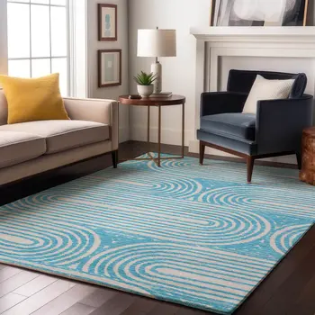 3' X 5' Teal And Ivory Geometric Washable Area Rug With UV Protection