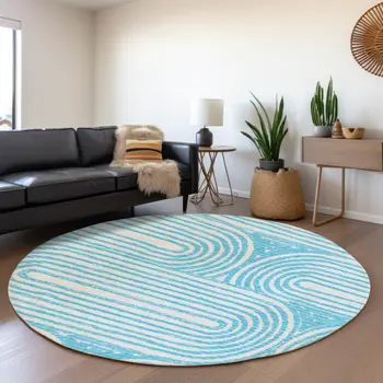 8' Teal And Ivory Geometric Washable Round Rug With UV Protection
