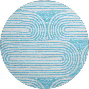 8' Teal And Ivory Geometric Washable Round Rug With UV Protection