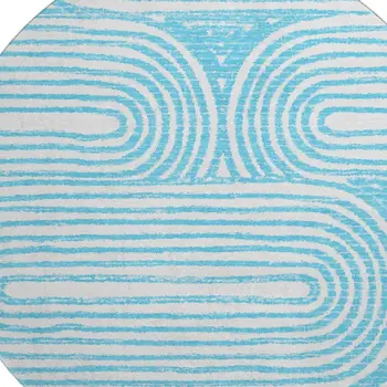 8' Teal And Ivory Geometric Washable Round Rug With UV Protection