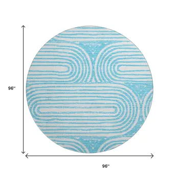 8' Teal And Ivory Geometric Washable Round Rug With UV Protection