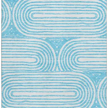 9' X 12' Teal And Ivory Geometric Washable Area Rug With UV Protection