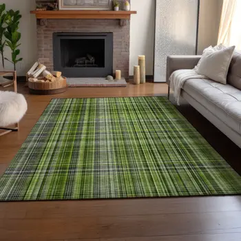 3' X 5' Green Gray And Ivory Plaid Washable Area Rug With UV Protection