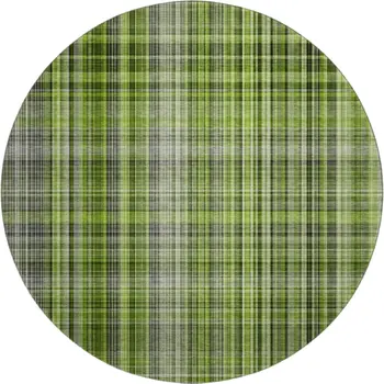 8' Green Gray And Ivory Plaid Washable Round Rug With UV Protection