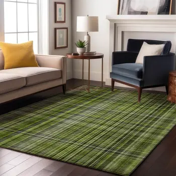 8' X 10' Green Gray And Ivory Plaid Washable Area Rug With UV Protection