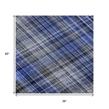 3' X 5' Navy Blue And Gray Plaid Washable Area Rug With UV Protection