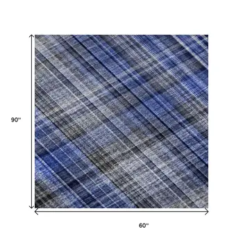 5' X 8' Navy Blue And Gray Plaid Washable Area Rug With UV Protection