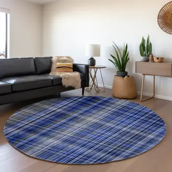 8' Navy Blue And Gray Plaid Washable Round Rug With UV Protection