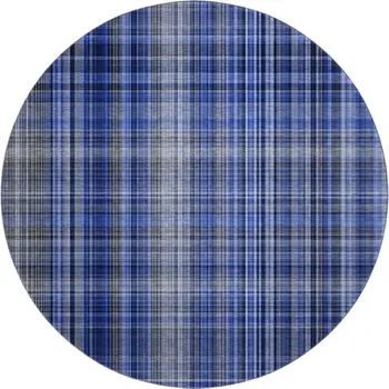 8' Navy Blue And Gray Plaid Washable Round Rug With UV Protection