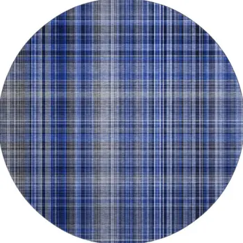 8' Navy Blue And Gray Plaid Washable Round Rug With UV Protection