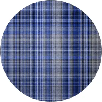 8' Navy Blue And Gray Plaid Washable Round Rug With UV Protection