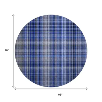 8' Navy Blue And Gray Plaid Washable Round Rug With UV Protection