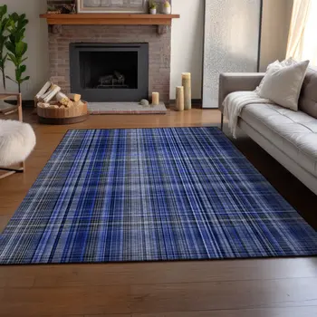 8' X 10' Navy Blue And Gray Plaid Washable Area Rug With UV Protection