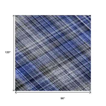 8' X 10' Navy Blue And Gray Plaid Washable Area Rug With UV Protection