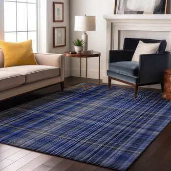 10' X 14' Navy Blue And Gray Plaid Washable Area Rug With UV Protection