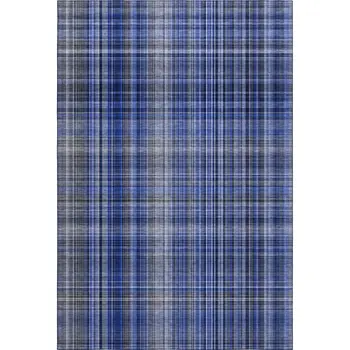 10' X 14' Navy Blue And Gray Plaid Washable Area Rug With UV Protection